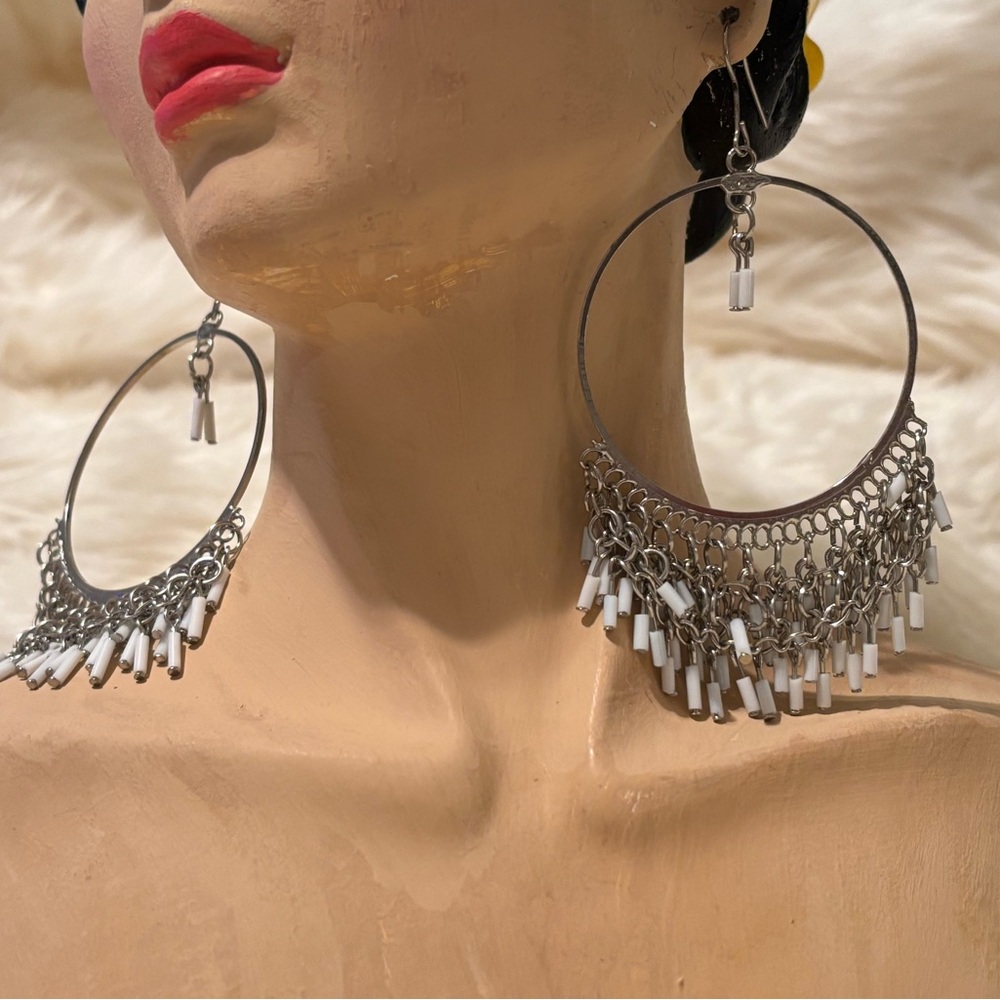 Large silver tone Hoop Earrings with hook backs. Chain dangle White Bead